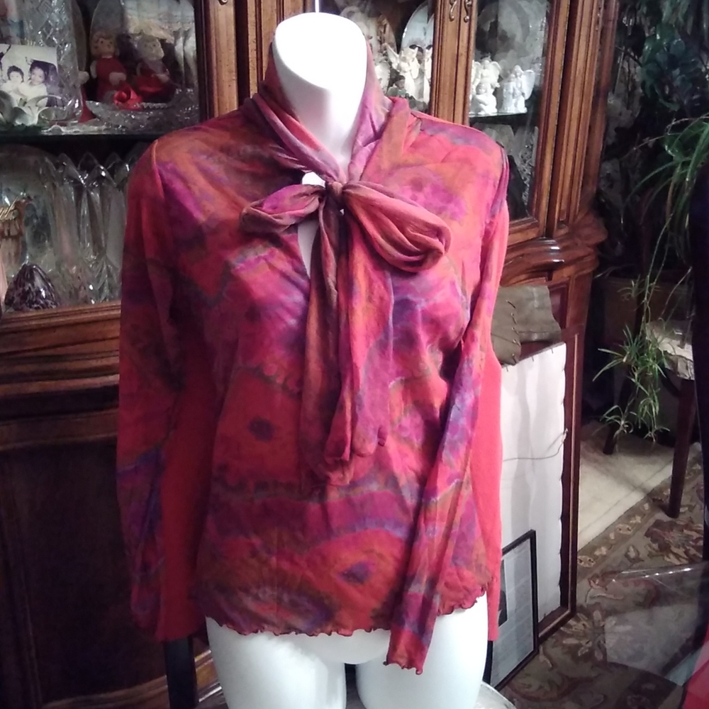 Colorful tie dye style long sleeve, v neck,wrap around attached scarf sheer nett
